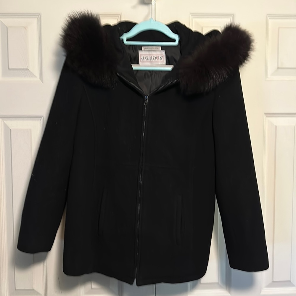 JG Hoook 100% Wool Lined Coat with Zipper Closure and faux fur trimmed hood